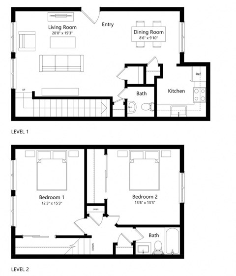 Floor plan for 2 beds, 1.5 baths, 1185 sqft